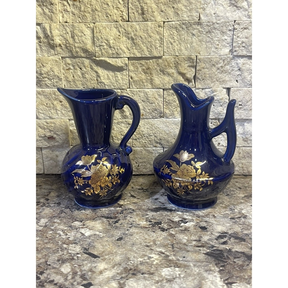 Vintage Chadwick Mini Cobalt Blue And Gold Floral Bud Vases Porcelain Set of 2